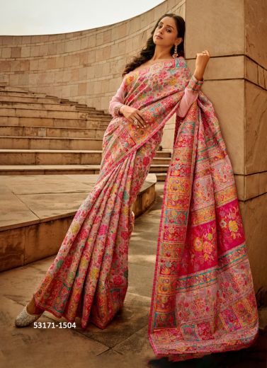 Multicolored Woven Kashmiri Silk Saree For Traditional / Religious Occasions