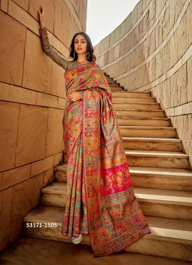 Multicolored Woven Kashmiri Silk Saree For Traditional / Religious Occasions