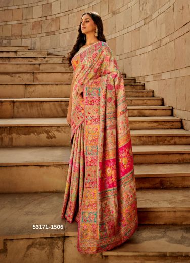 Multicolored Woven Kashmiri Silk Saree For Traditional / Religious Occasions