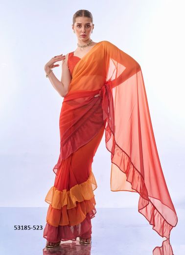 Orange Shaded Georgette Party-Wear Ready-To-Wear Frill / Ruffle Saree