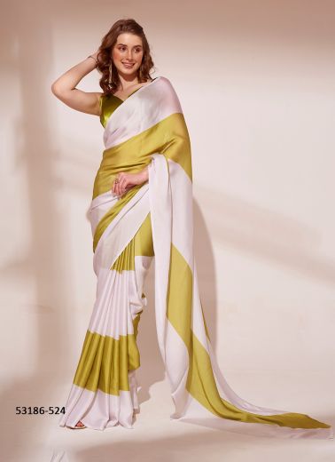 Olive Green & White Satin Georgette Printed Party-Wear Ready-To-Wear Saree