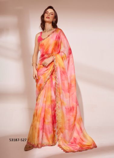 Multicolored Organza Digitally Printed Party-Wear Bollywood Saree