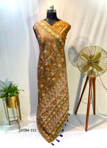 Golden Brown Chanderi Cotton Floral Printed Festive-Wear Saree