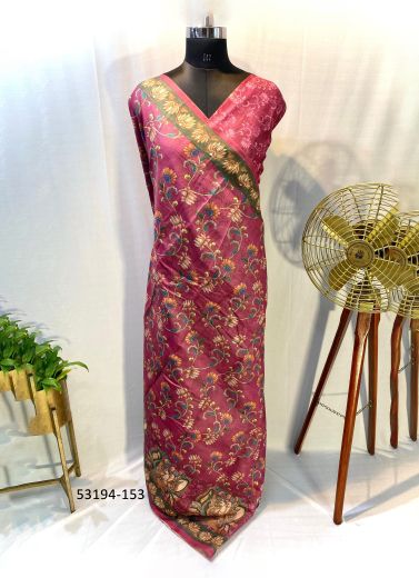 Dark Pink Chanderi Cotton Floral Printed Festive-Wear Saree