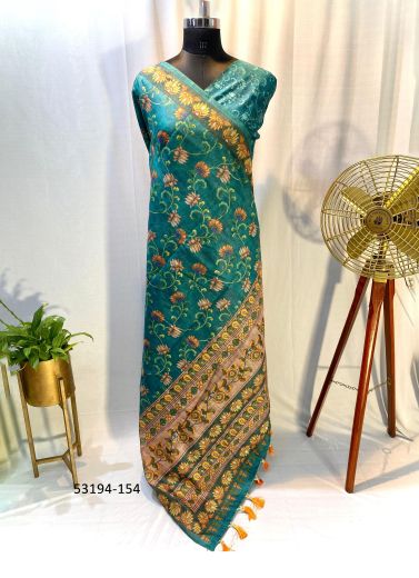 Teal Blue Chanderi Cotton Floral Printed Festive-Wear Saree