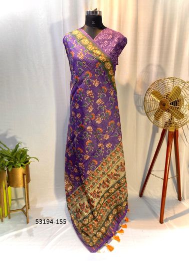 Violet Chanderi Cotton Floral Printed Festive-Wear Saree