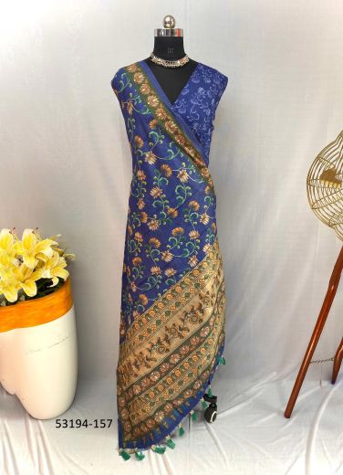 Royal Blue Chanderi Cotton Floral Printed Festive-Wear Saree