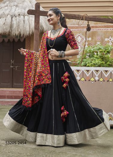 Black Viscose Rayon Gamthi Work Navratri Special Readymade Lehenga Choli [Chaniya Choli For Garba]