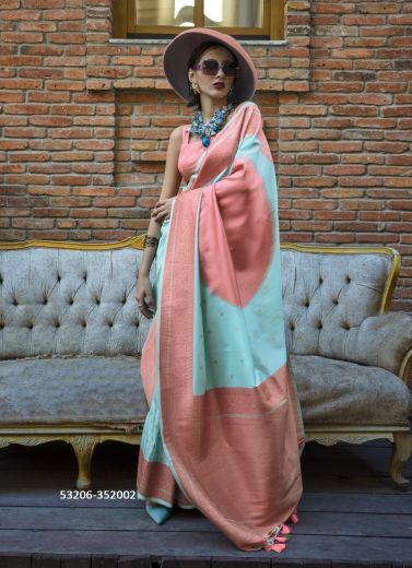 Light Coral & Blue Silk Woven Handloom Party-Wear Saree