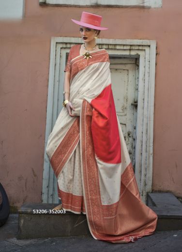 Off White & Red Silk Woven Handloom Party-Wear Saree