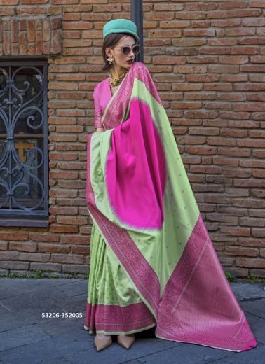 Light Green & Magenta Silk Woven Handloom Party-Wear Saree