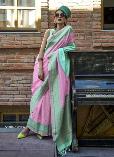 Lilac & Mint Green Silk Woven Handloom Party-Wear Saree