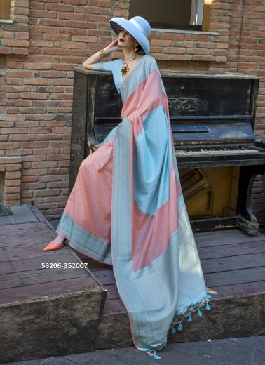 Pink & Blue Silk Woven Handloom Party-Wear Saree