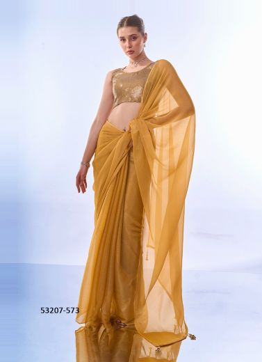 Mustard Yellow Chiffon Sequins-Work Party-Wear Bollywood Saree