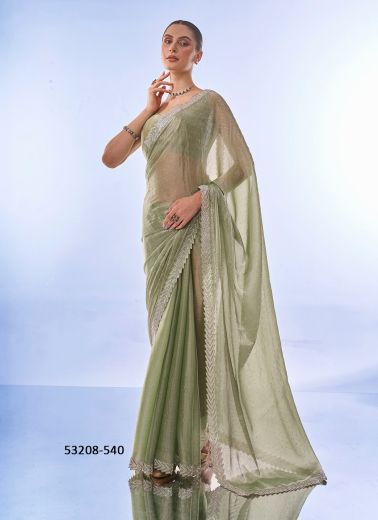 Sage Green Burberry Handwork Party-Wear Bollywood Saree