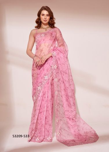 Pink Organza Sequins-Work Party-Wear Bollywood Saree