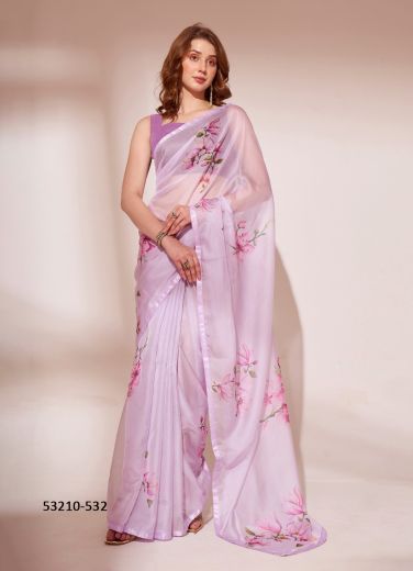 Lilac Organza Digitally Floral Printed Saree For Kitty-Parties