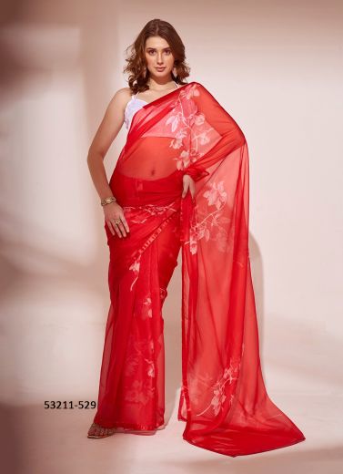 Red Organza Digitally Floral Printed Saree For Kitty-Parties