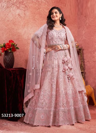 Pink Net Zarkan-Work Wedding-Wear Readymade Bridal Lehenga Choli