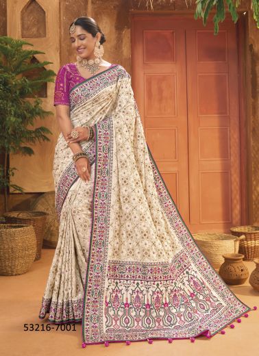 Bone White Banarasi Silk Handworked Wedding-Wear Saree