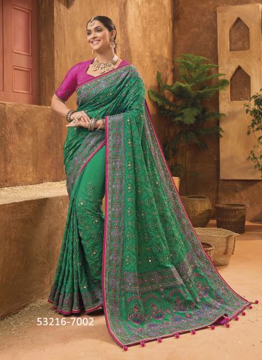 Green Banarasi Silk Handworked Wedding-Wear Saree