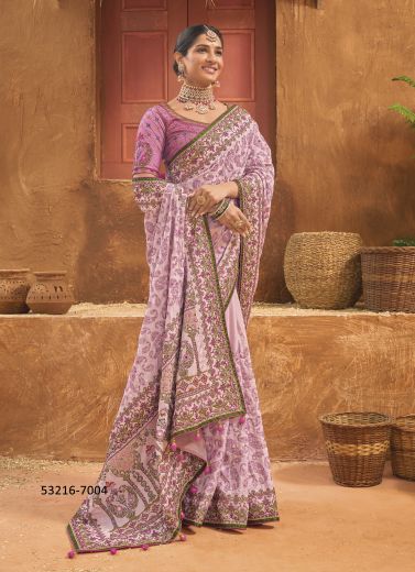 Pink Banarasi Silk Handworked Wedding-Wear Saree