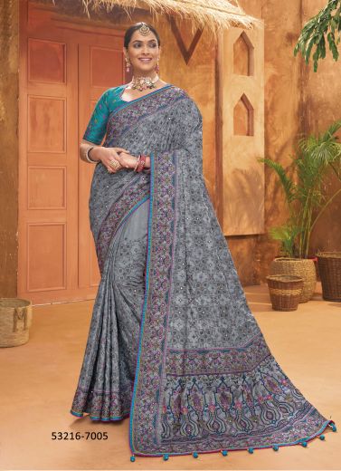 Gray Banarasi Silk Handworked Wedding-Wear Saree