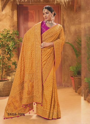 Dark Orange Banarasi Silk Handworked Wedding-Wear Saree