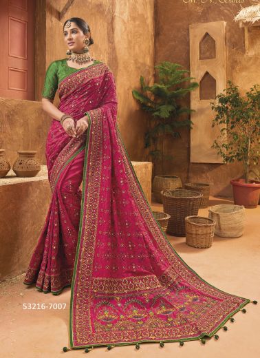 Dark Magenta Banarasi Silk Handworked Wedding-Wear Saree