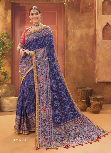 Blue Banarasi Silk Handworked Wedding-Wear Saree