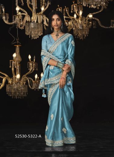 Sky Blue Tissue Silk Embroidered Party-Wear Saree