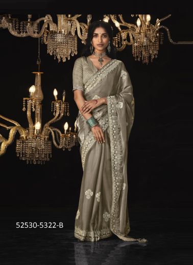 Warm Gray Tissue Silk Embroidered Party-Wear Saree