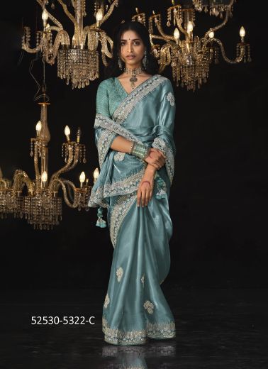 Light Blue Tissue Silk Embroidered Party-Wear Saree