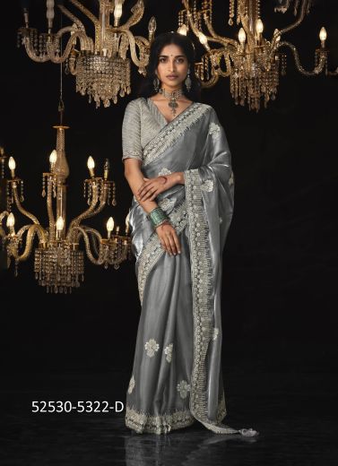 Gray Tissue Silk Embroidered Party-Wear Saree