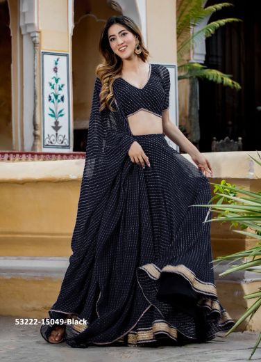 Black Georgette Bandhani Leheriya Printed Festive-Wear Traditional Lehenga Choli