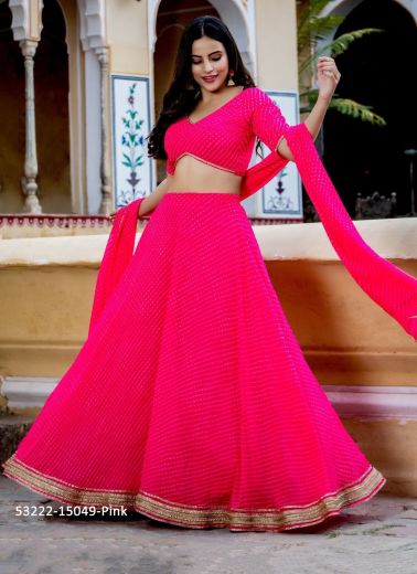 Magenta Georgette Bandhani Leheriya Printed Festive-Wear Traditional Lehenga Choli