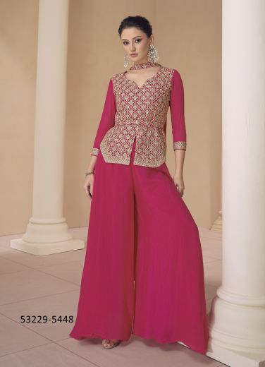 Magenta Real Chinon Silk Embroidered Party-Wear Palazzo-Bottom Readymade Salwar Kameez