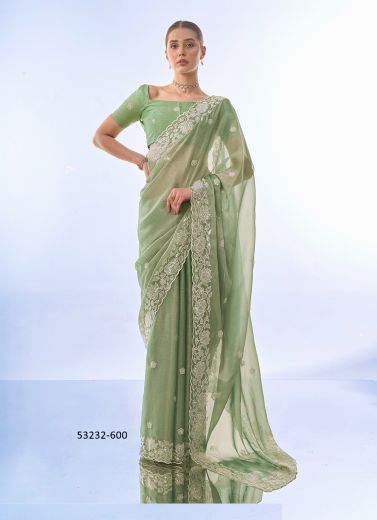 Sage Green Burberry Sequins-Work Party-Wear Bollywood Saree