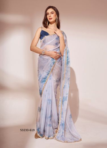 White & Blue Organza Digitally Printed Bollywood Saree For Kitty-Parties