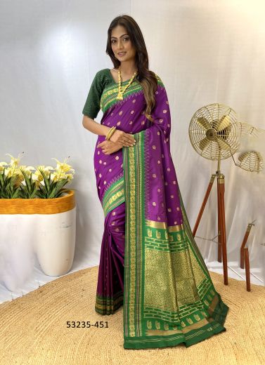 Purple & Green Woven Paithani Silk Saree For Traditional / Religious Occasions