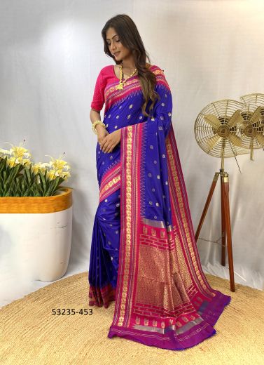 Blue & Dark Pink Woven Paithani Silk Saree For Traditional / Religious Occasions