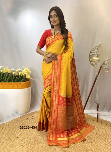 Yellow & Dark Orange Woven Paithani Silk Saree For Traditional / Religious Occasions