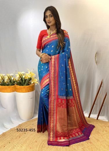 Dark Sky Blue & Red Woven Paithani Silk Saree For Traditional / Religious Occasions