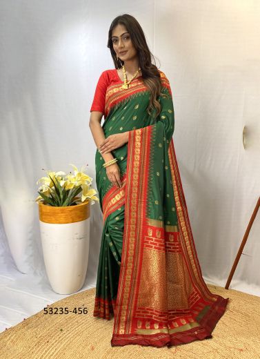 Green & Red Woven Paithani Silk Saree For Traditional / Religious Occasions