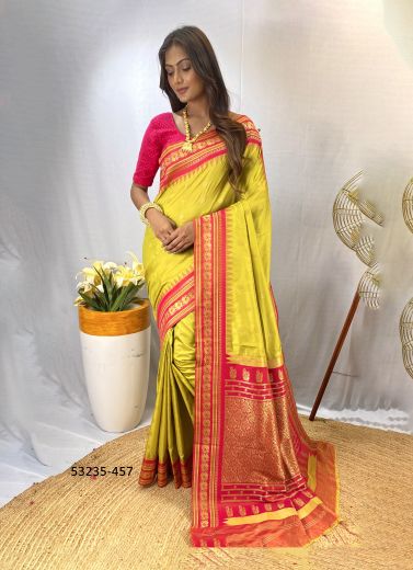 Lime Yellow & Dark Pink Woven Paithani Silk Saree For Traditional / Religious Occasions