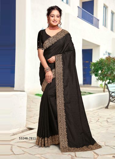 Black Art Silk Zari Embroidered Festive-Wear Saree