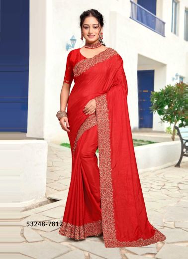 Red Art Silk Zari Embroidered Festive-Wear Saree