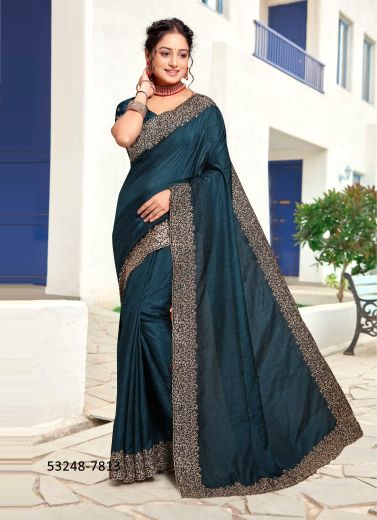 Sea Blue Art Silk Zari Embroidered Festive-Wear Saree