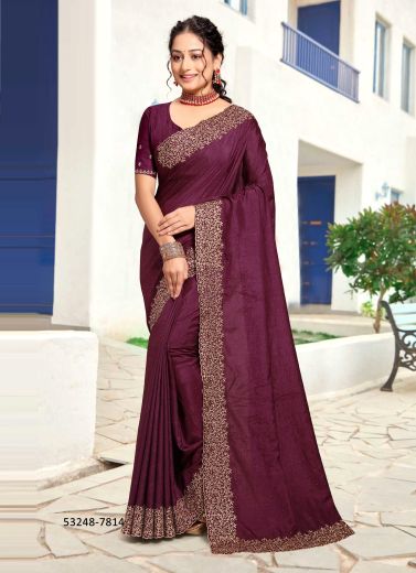 Wine Art Silk Zari Embroidered Festive-Wear Saree