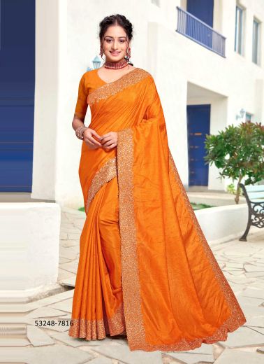 Orange Art Silk Zari Embroidered Festive-Wear Saree